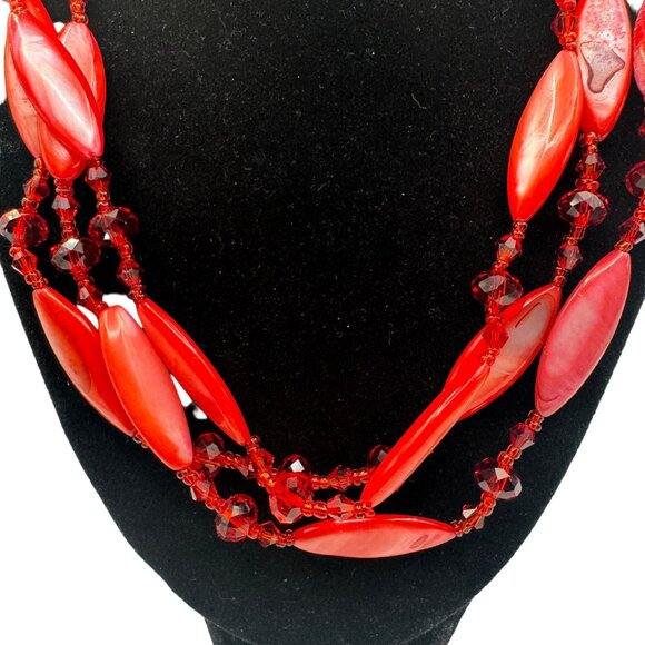 Vintage Red Beaded Multi-Strand Shell Necklace - Picture 2 of 7
